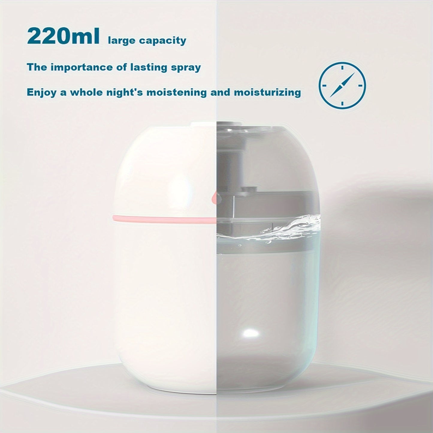 Portable cool mist humidifier with 7-color light and auto shut-off, ideal for travel, home, and bedroom.