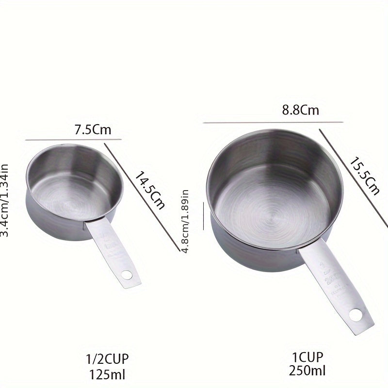 A set of five stainless steel measuring cups and spoons for dry ingredients or liquids, ideal for cooking and baking. Essential kitchen gadgets and tools for all your baking needs.