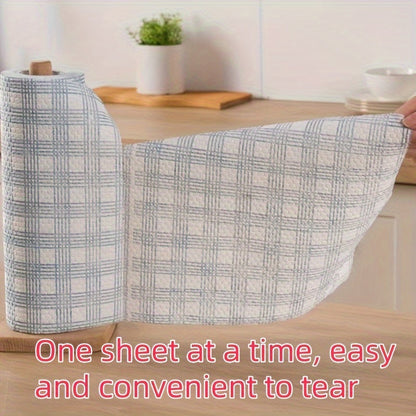 A pack of versatile blue plaid lazy rags for wet and dry use, perfect for cleaning kitchens. These high absorbency cloths are ideal for home and restaurant use as disposable dish towels or paper towels.