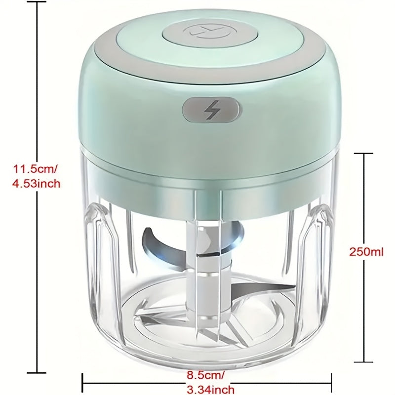 Compact USB rechargeable food blender for outdoor use with 500mAh battery.