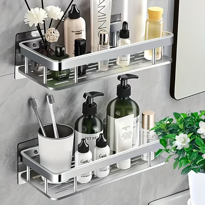 Wall-mounted bathroom shelf, rack, and adhesive shower basket for toiletries, cosmetics, sundries, seasoning bottles, bathroom and kitchen storage.