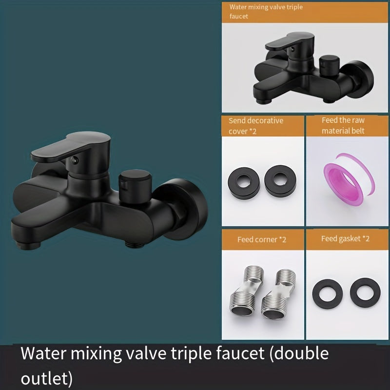 Modern Black Copper Alloy Shower Mixer Valve with single hole installation, multiple components, brushed finish, copper valve core, no electricity needed.