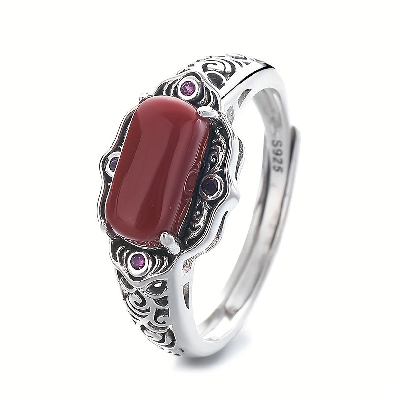 925 Silver Plated Vintage Boho Style Natural Agate Ring, Adjustable Open Ring with Tree Pattern Engraving. Elegant Court-inspired Design Perfect for Daily Wear and Gift-Giving.