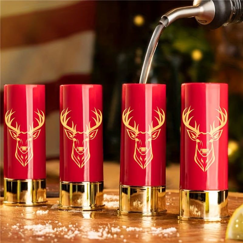 4 Elk Head Pattern Shot Cups, Bullet Shaped Shot Glass for Bars, Clubs, Restaurants, or Home use.