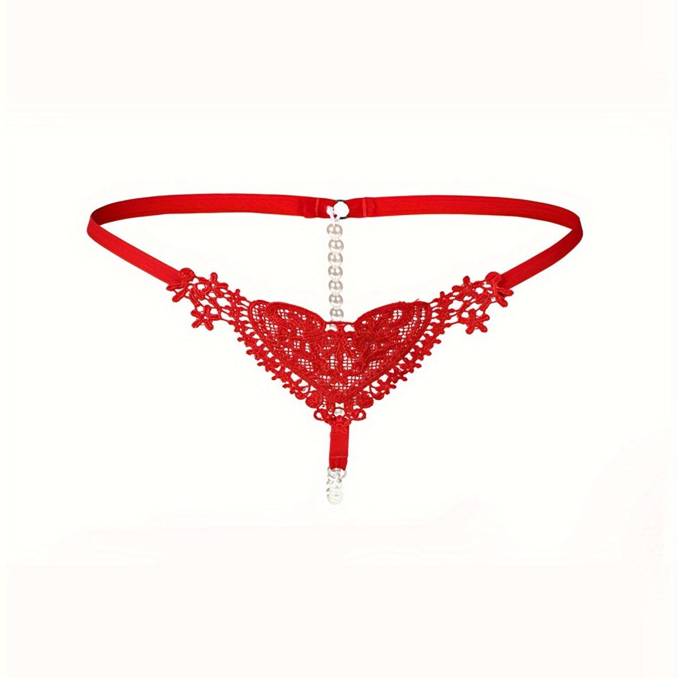 Low-rise thong with pearl embellishments and hollow out design. Breathable polyester, hand washable. Ideal for adults.