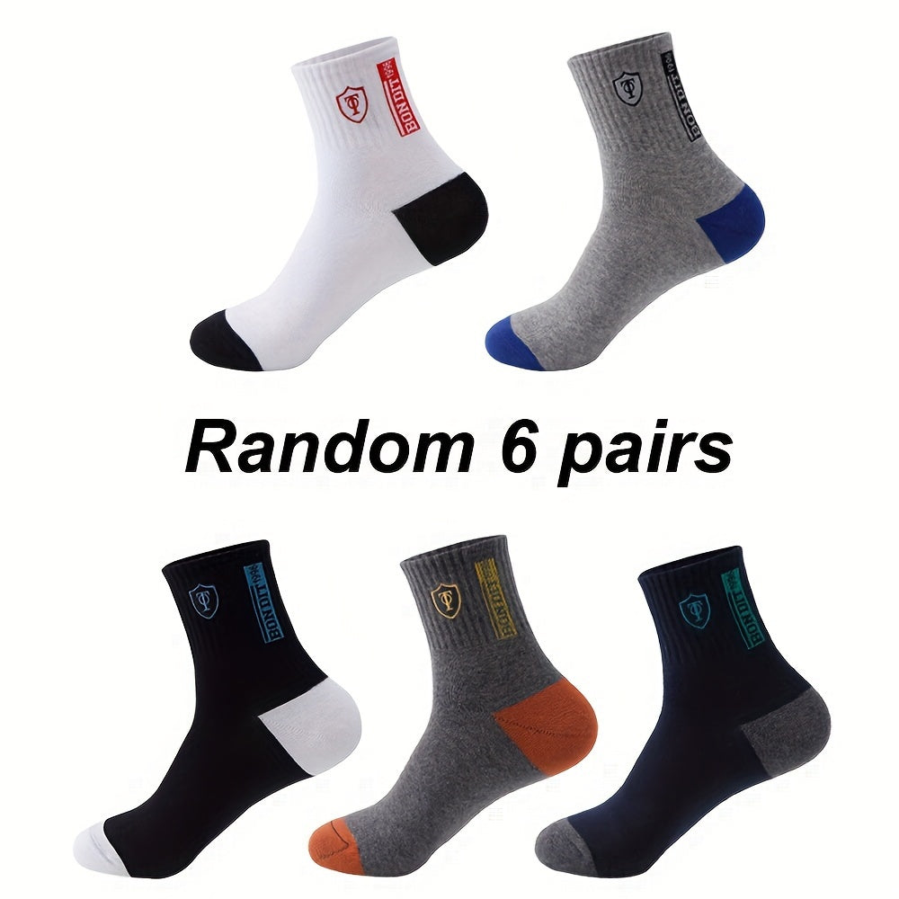 6 pairs of men's cotton sports socks with embroidered sweat-wicking knit fabric. Machine washable. Mixed colors. Unboxed.