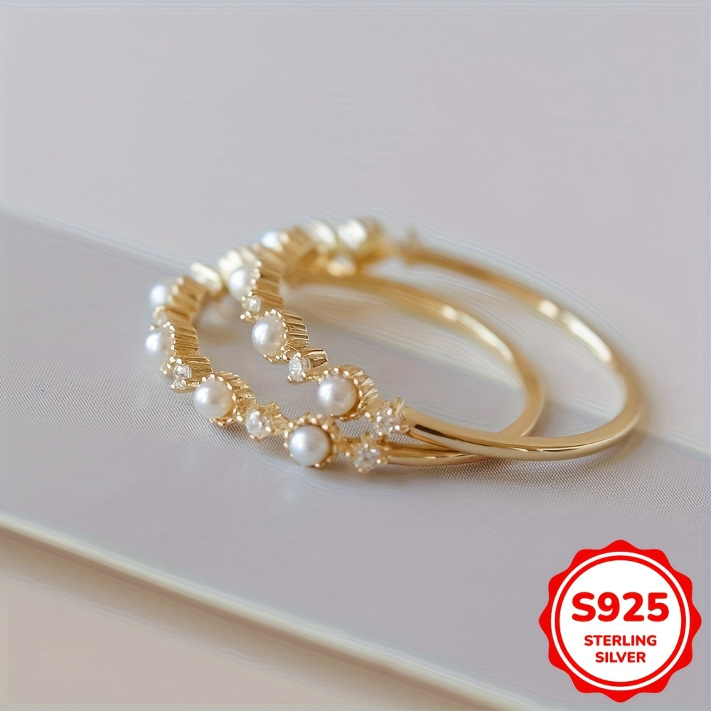 Elegant Gift for Women: 1.6G S925 Sterling Silver Minimalist Ring with Natural Pearl and Small Zirconia on a Gold-Plated Band, Perfect for Valentine's Day or Birthday Party