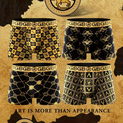 4 men's boxer briefs with trendy black golden print, made from a soft, stretchy, and comfortable breathable polyester blend for everyday and sports wear.