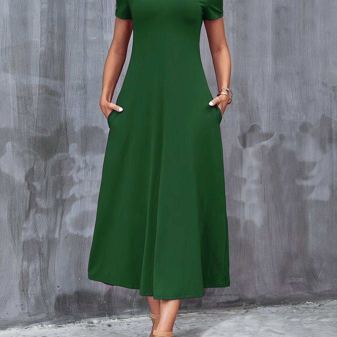 Women's Elegant Green V-Neck A-Line Dress with Pockets, Casual Polyester Blend, Machine Washable, Perfect for All Seasons, Comfortable Fashion with Glossy Texture.