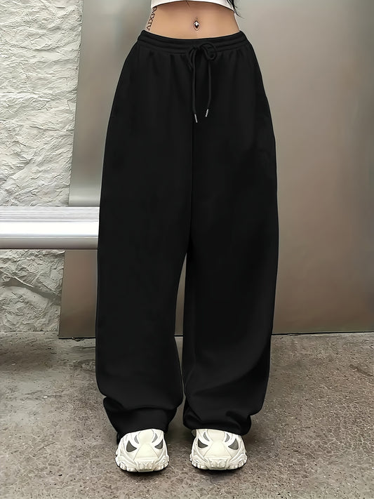 Women's Black Straight-Leg Joggers - Casual athletic pants with drawstring waist, machine washable, lightweight polyester, comfort fit for spring & fall.