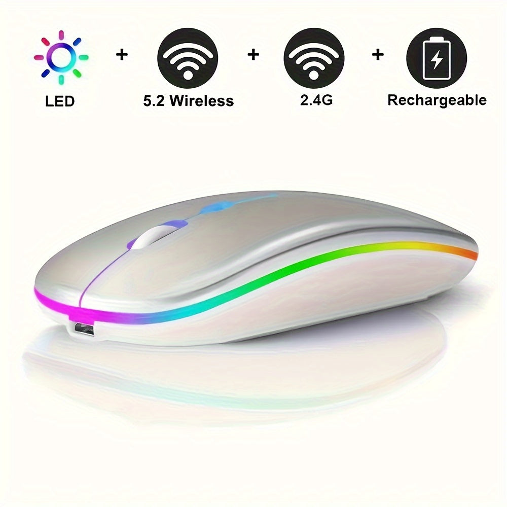 Rechargeable wireless gaming mouse with LED backlight, dual-mode 2.4G/5.2, slim design for laptops and desktops.