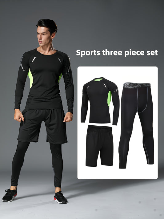 Men's 3-piece athletic set: quick-dry, stretchy running and gym gear for spring/fall workouts