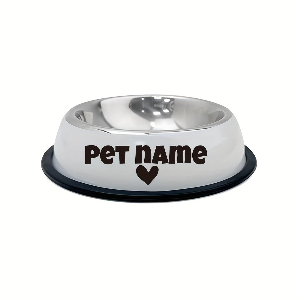 Custom stainless steel dog bowl with non-slip base for small, medium, and large dogs. Personalize with pet's name for food and water.