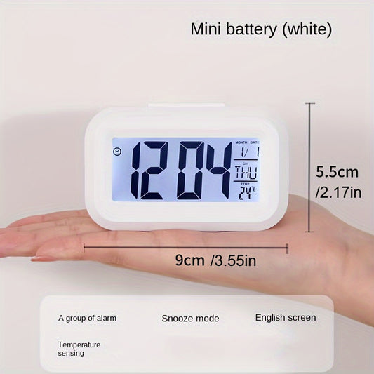 White digital alarm clock with temperature sensor, LED display, sleep timer, silent operation, and battery-operated for modern room decor.