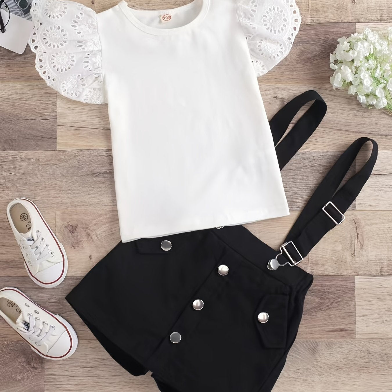 Girls' summer outfit: ruffle top and suspender shorts