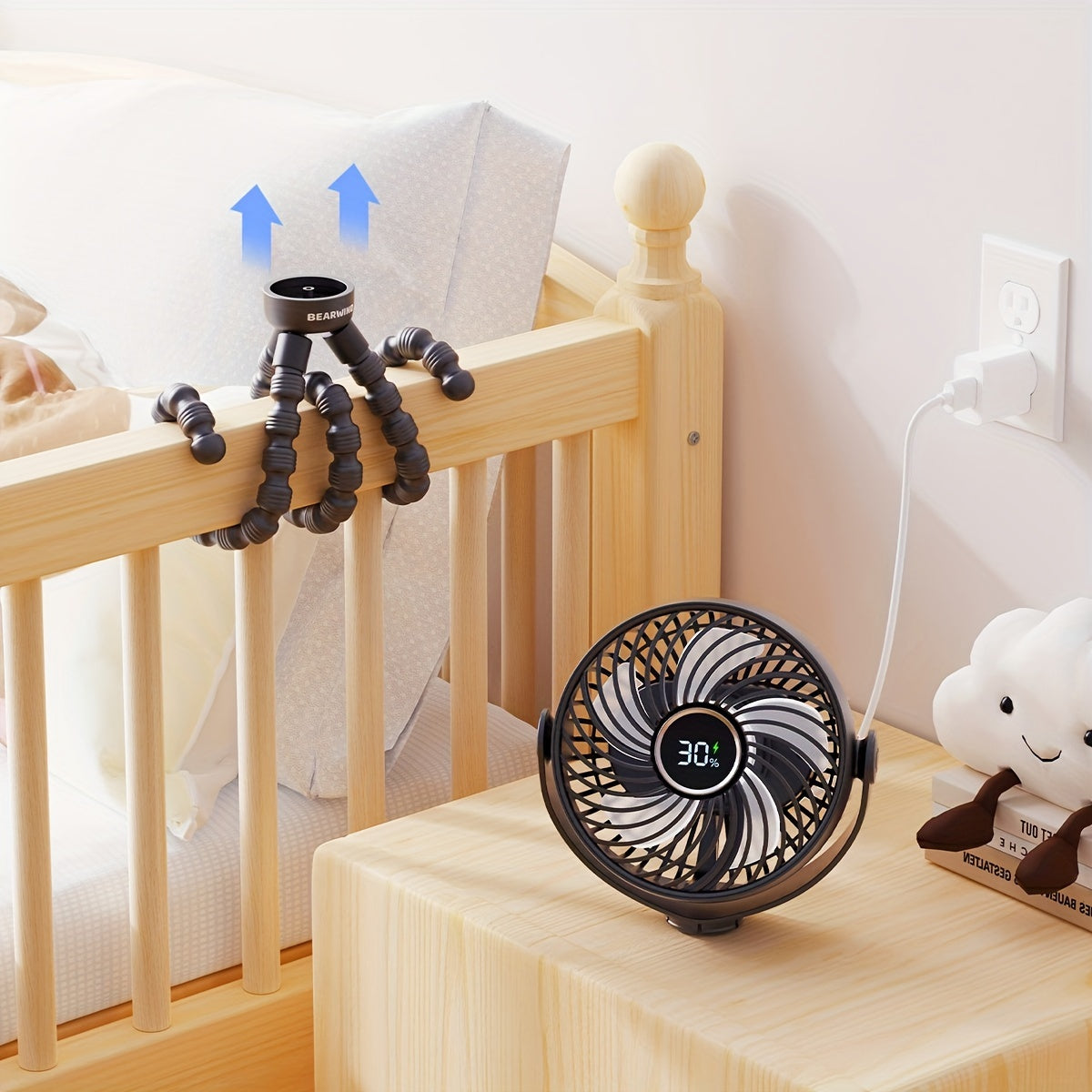 Travel stroller fan suitable for on-the-go use, featuring a LED night light. This fan is rechargeable with a 2200mAh battery, and is designed to be handheld and cordless. It also comes with a tripod stand and can easily clip onto car seats and trolleys.