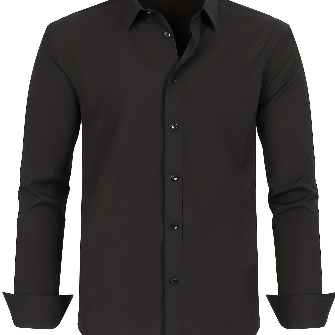 Men's plus size dress shirt in solid color with square collar, regular fit, made from all-season polyester with slight stretch. Features button details and woven fabric, weighing 120g/m².