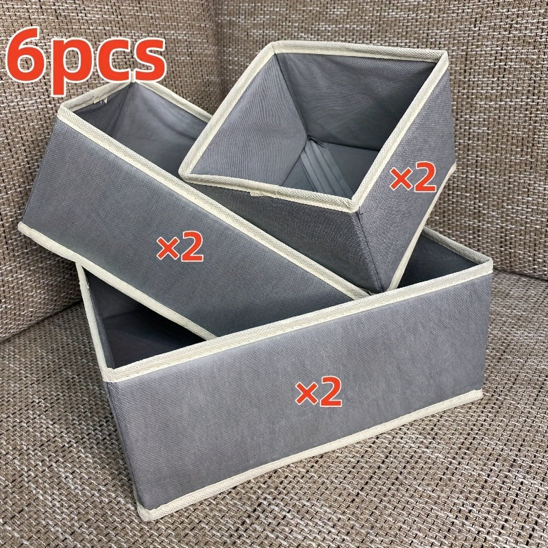 Set of 3 or 6 Classic Style Folding Storage Organizers. These rectangular multi-purpose closet organizer bins are ideal for storing clothes and accessories. They are non-waterproof drawer boxes that do not have lids, perfect for under-bed storage.