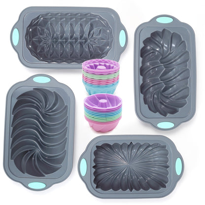 Set of 4 Silicone Baking Molds - Non-Stick, Flexible Loaf Pans featuring Lotus, Spiral, Braided, and Classic Fluted designs for Cakes, Breads, Meatloaf, Quiche, and more. Ideal for Holiday Parties and Gifting.