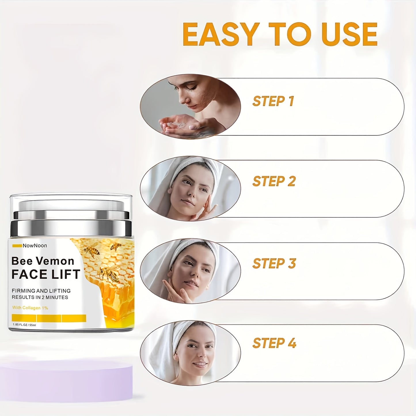 NowNoon Bee Vemon Instant Face Lift Cream - 1.85 fl. Oz tightens, firms, and smooths skin with alcohol-free formula including Hyaluronic Acid for all skin types.