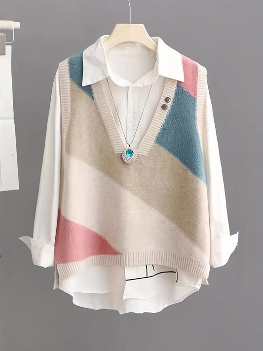 Vintage color block knit vest with V-neck collar, slit hem, and sleeveless design, made of 100% polyester for all-season wear. Ideal for weekend casual looks.