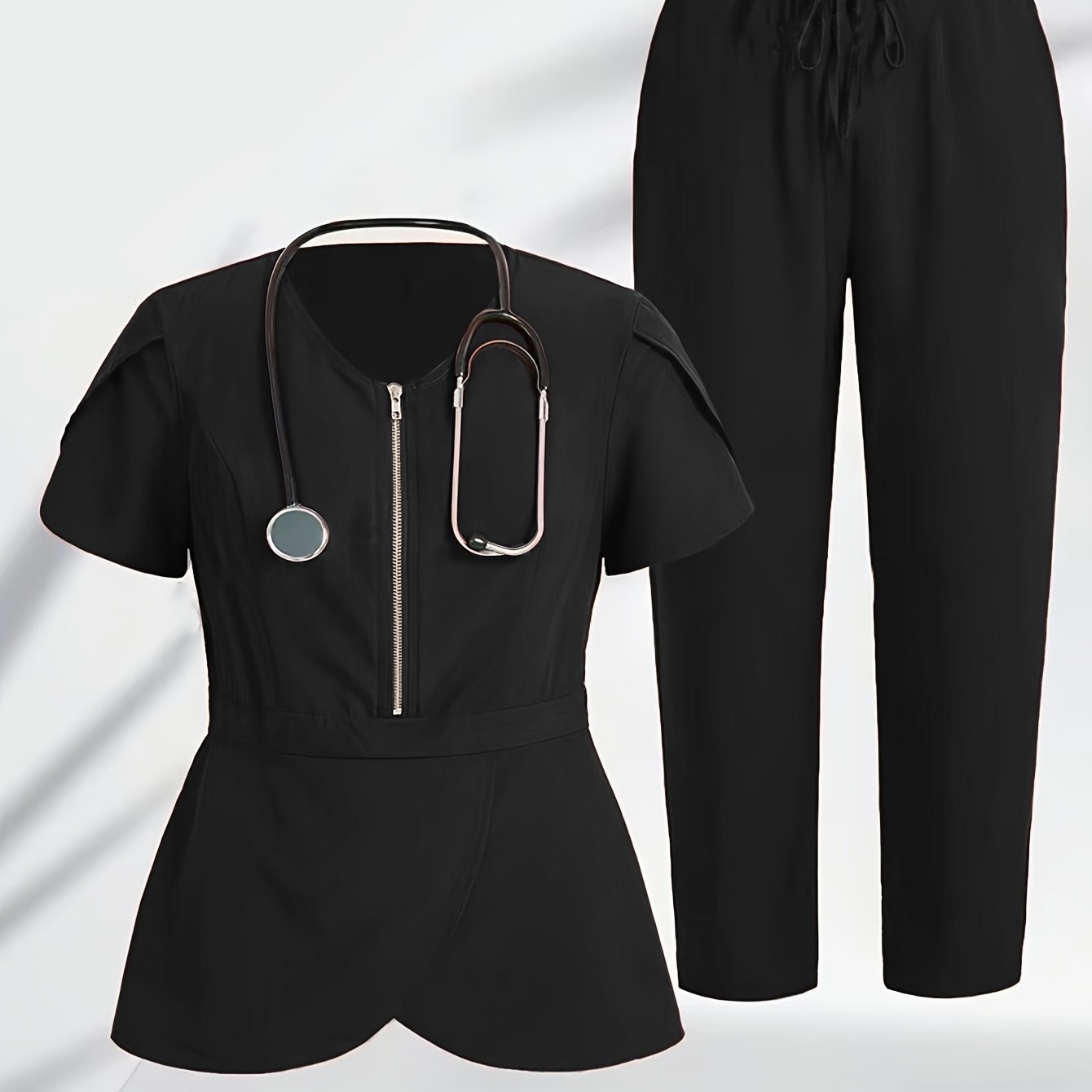 Women's solid color polyester scrub set with collarless design, short petal sleeves, slight stretch fabric, and zipper detail. Perfect for all-season medical nursing uniforms.