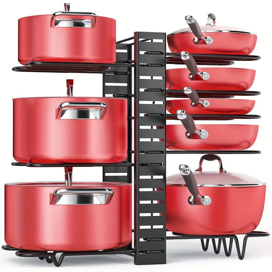 Adjustable 8-Tier Pot and Pan Organizer Rack for Kitchen Cabinets - Space-Saving Storage Solution, Available in Red & Black, Easy DIY Assembly.