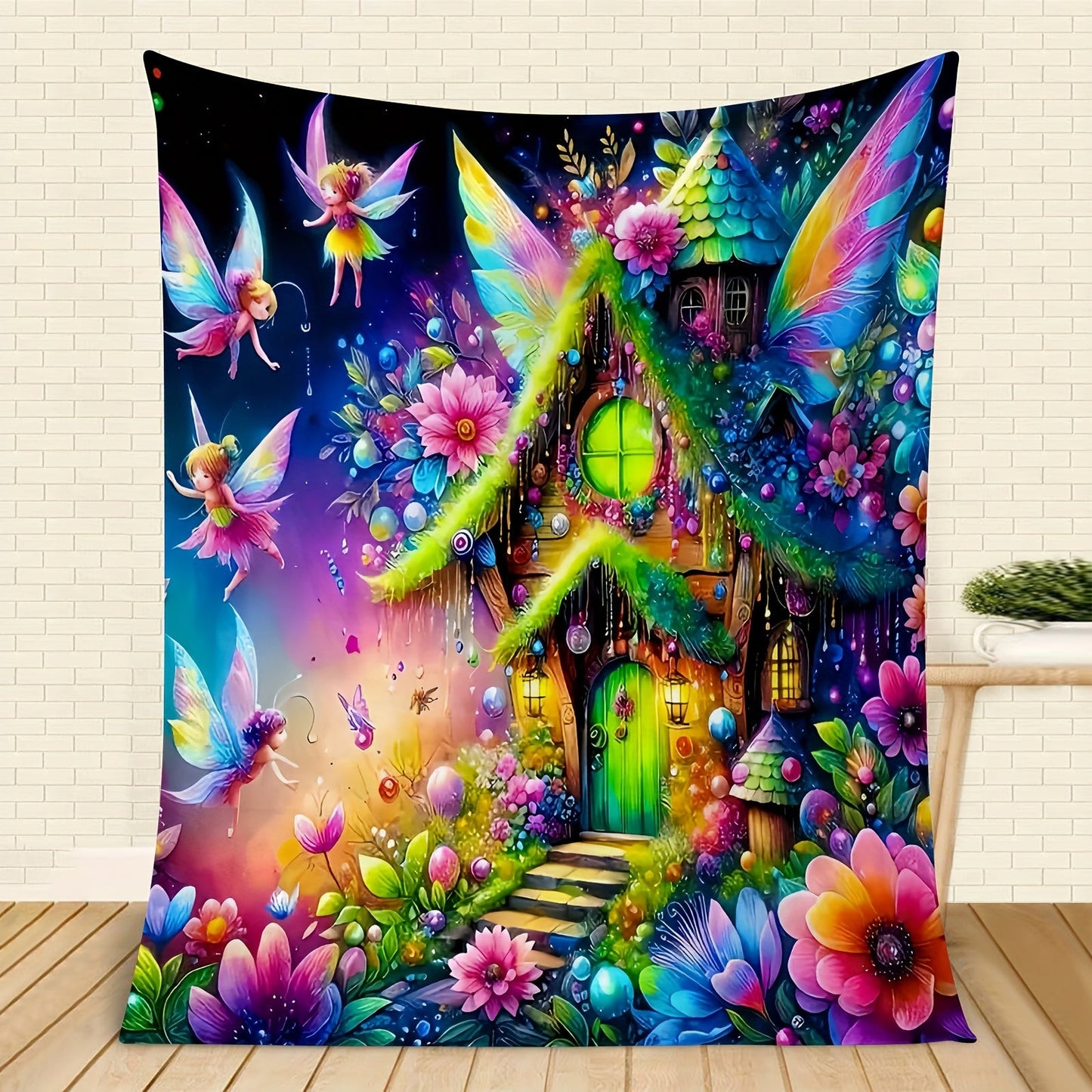 Contemporary Geometric Fantasy Fairy House Digital Print Blanket - Suitable for All Seasons, Made of 100% Polyester, Lightweight 200-250g, 65" x 65" (165cm x 165cm)