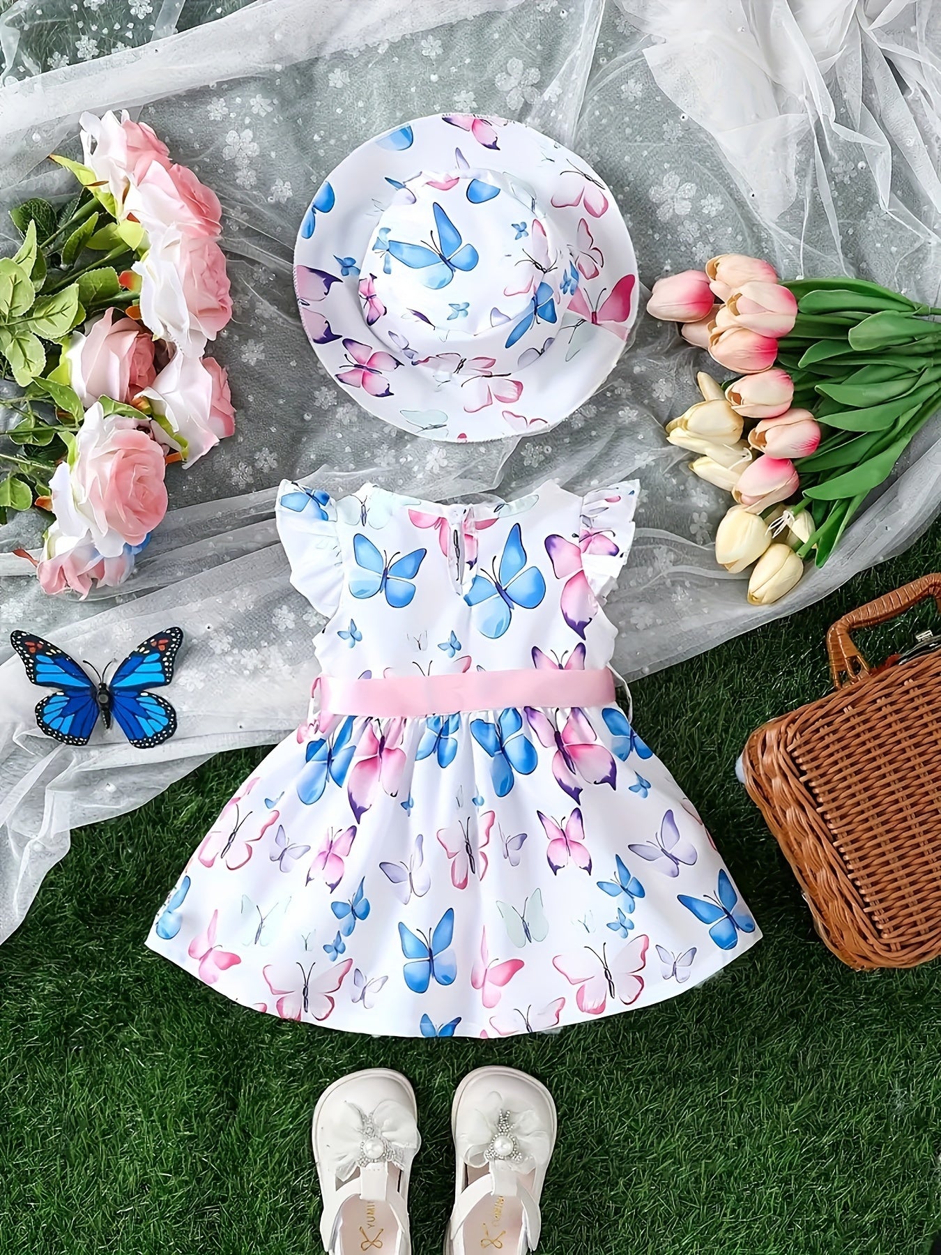 Cute Toddler Girls' Butterfly Print Dress and Matching Hat Set - Flutter sleeve design, perfect for summer vacations, made from polyester and spandex blend