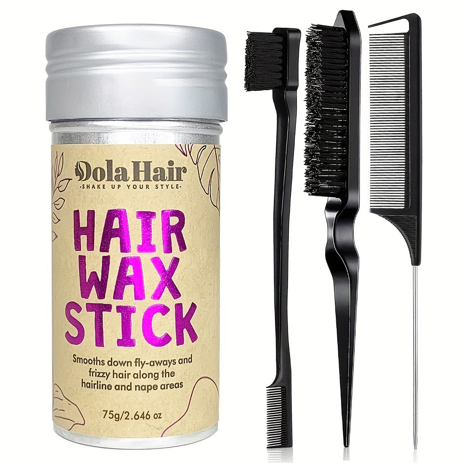 4-piece set for styling hair, including a slick back hair brush, non-greasy hair wax stick, teasing brush, rat tail combs, and edge brush for finishing.