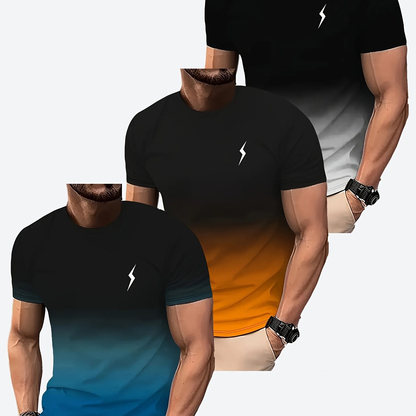 Men's 3-pack of gradient 3D printed t-shirts with quick-dry polyester fabric, crew neck, and short sleeves. Ideal for sports and fitness in spring, summer, and fall.