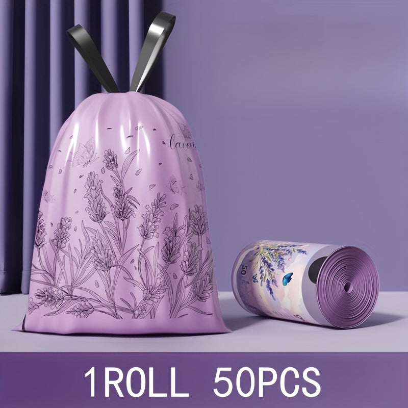 Thick Lavender-Scented Drawstring Trash Bags, 15.14 L - 50pcs, for Kitchen, Office, Home & Dining Room - Multipurpose Disposable Bags with Automatic Closing, Portable - 1 Roll