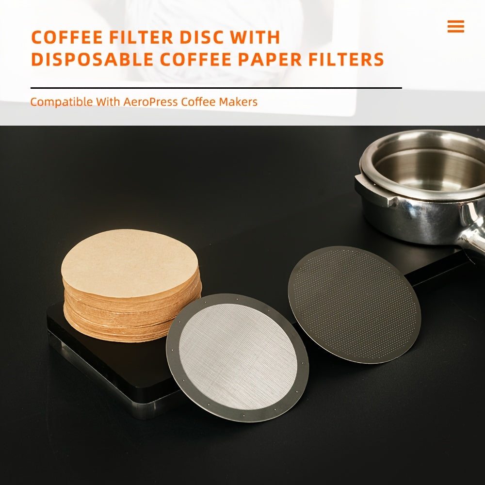 Two pieces of 2.4-inch Coffee Metal Mesh Filters, made of reusable stainless steel. Ideal for use with Aeropress Coffee Maker tools and a great addition to any kitchen accessories collection.