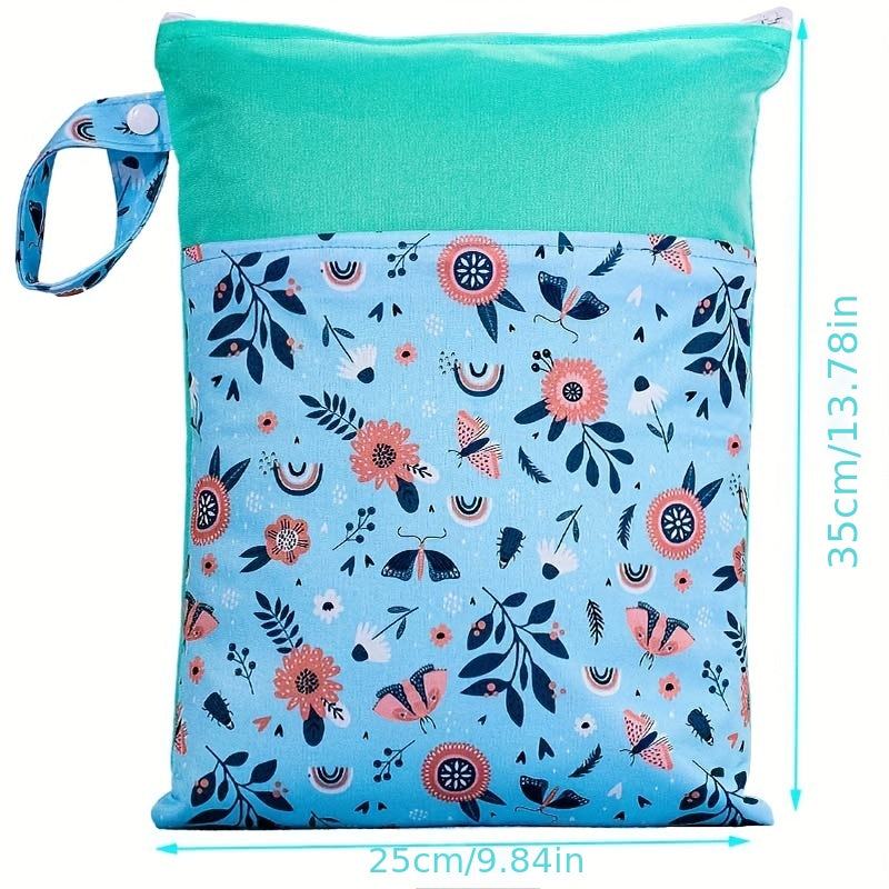 Waterproof multicolor reusable nappies bag with dimensions of 24.99*35.0cm. This wet dry mammy bag features a double pocket, cloth handle, and is a wetbag.