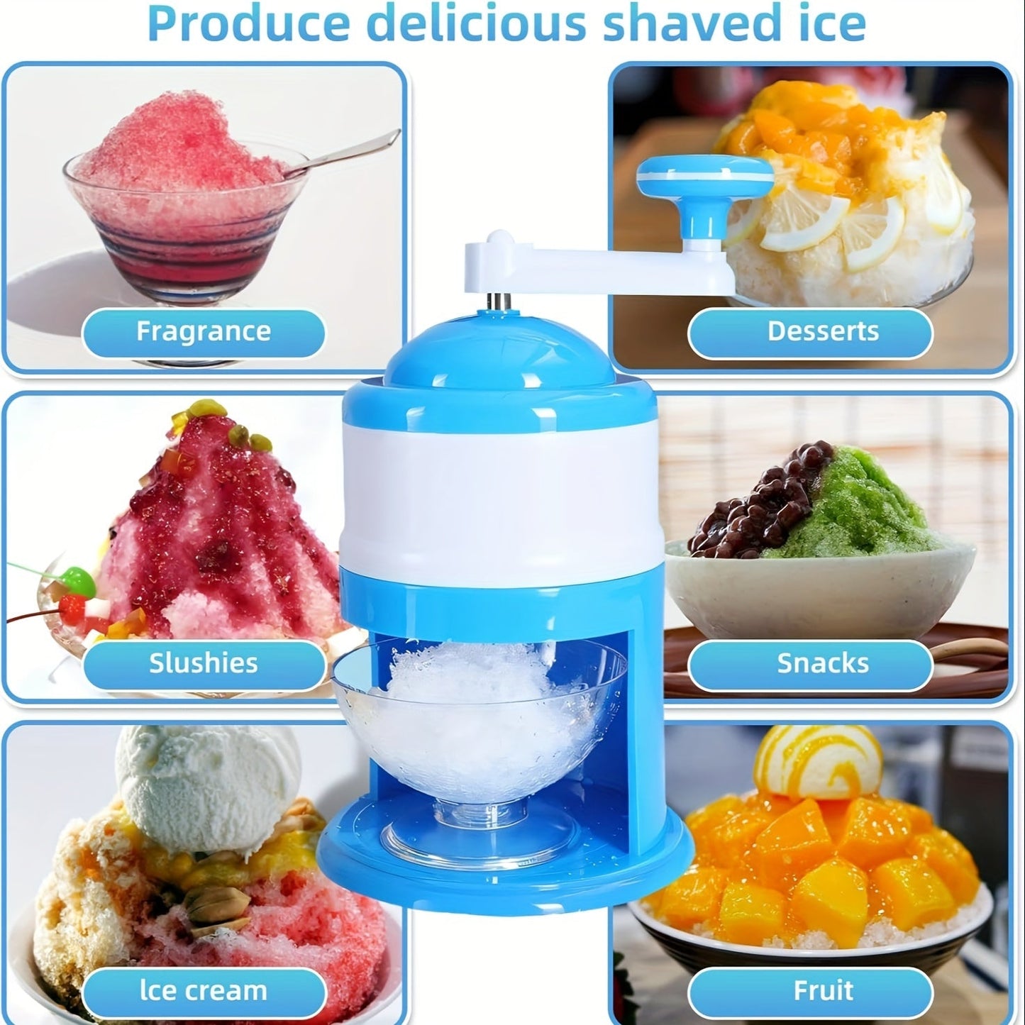 Stay cool this summer with the Portable Snow Cone & Shaved Ice Maker! This hand crank machine is made of durable ABS plastic in blue and white colors. Perfect for summer parties and home use, this machine requires no electricity to operate.