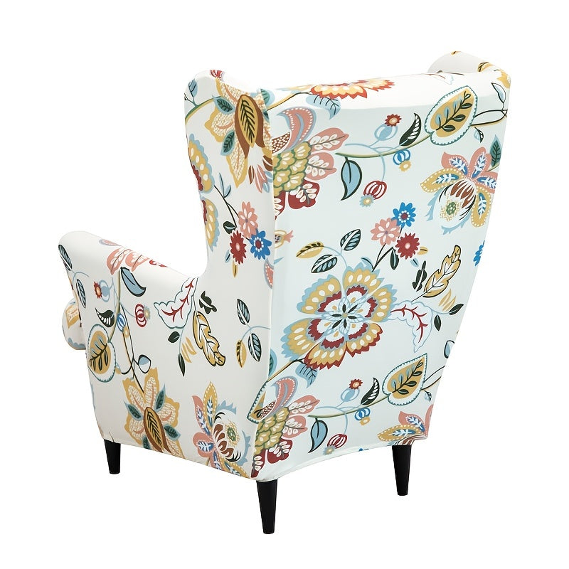 Set of 2 milk stretchy wingback armchair covers for furniture protection in the living room.