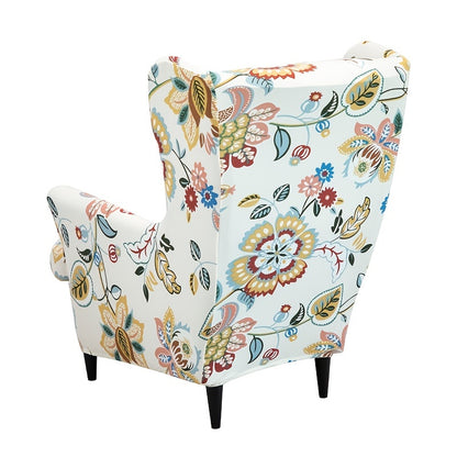 Set of 2 milk stretchy wingback armchair covers for furniture protection in the living room.