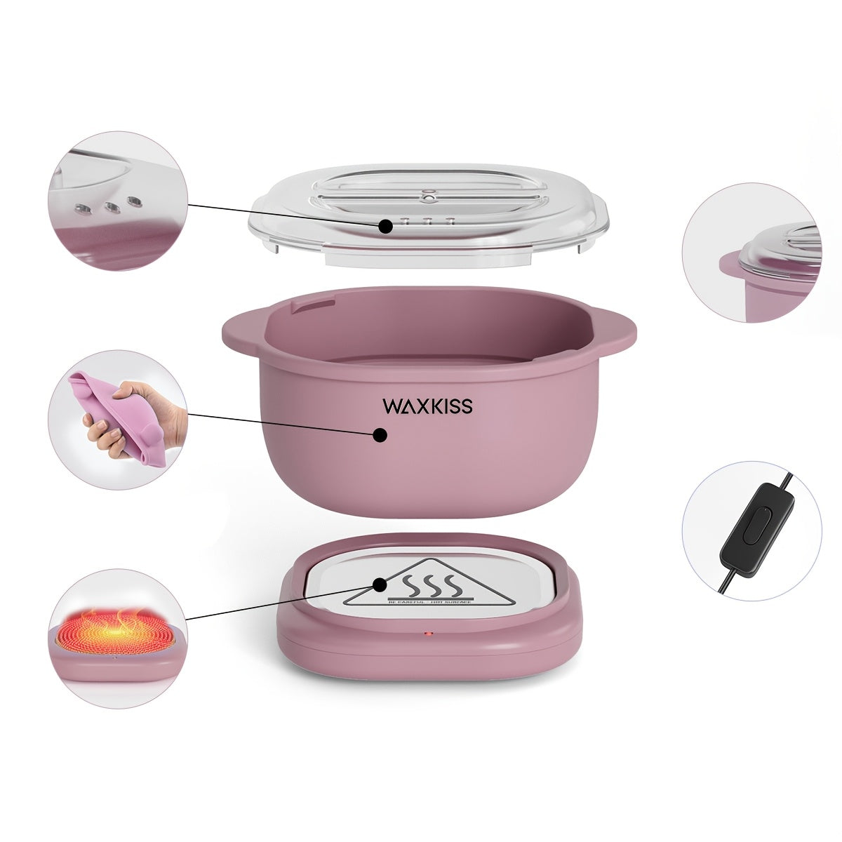 WAXKISS Mini Folding Silicone Wax Pot Heater, includes 1 Wax Machine, 4pcs Hard Wax, 10 Waxing Wooden Sticks, suitable for salon and home waxing.