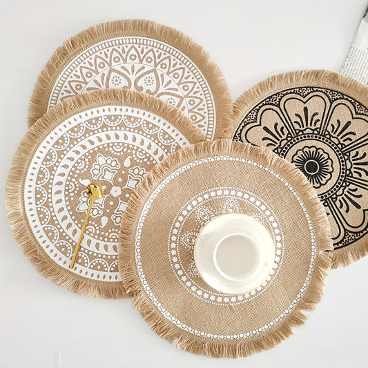 2 Bohemian style placemats with vintage jute background, perfect for home décor, parties, outdoor events, and photography props during Christmas.