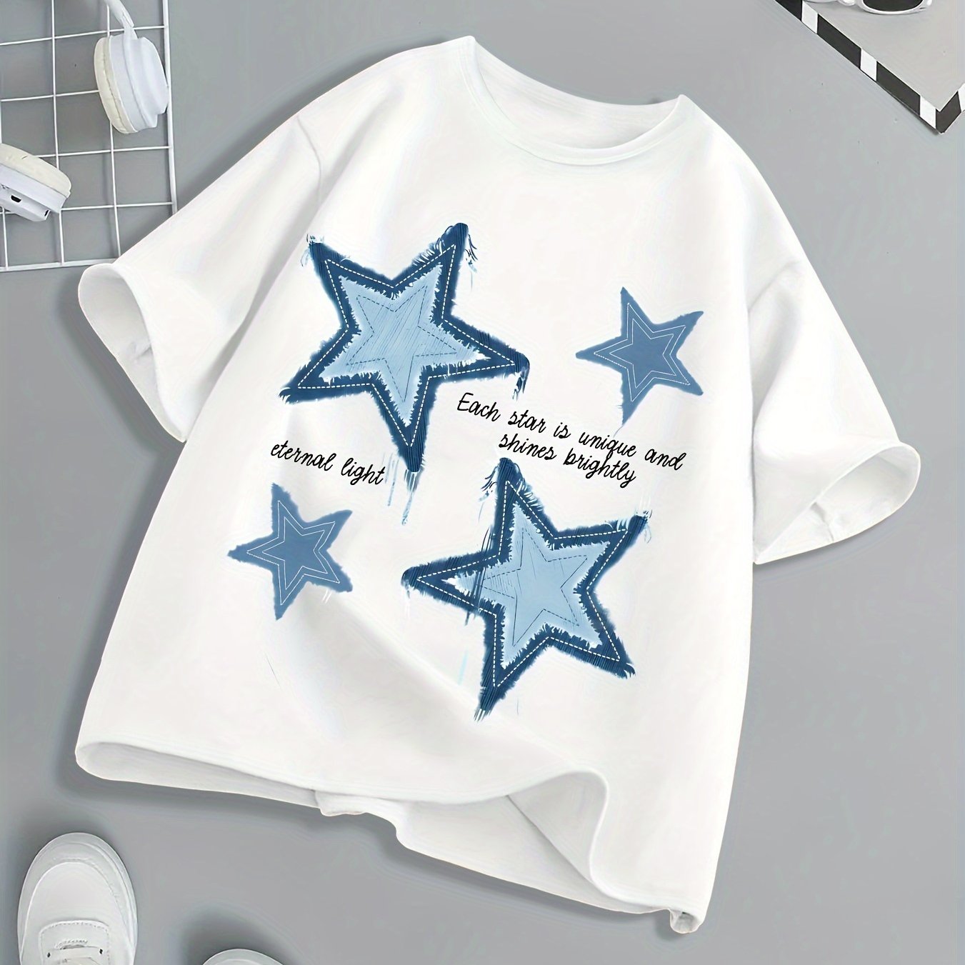 Black & White star print kids crew neck tee, comfortable, durable, athleisure style for summer 2024