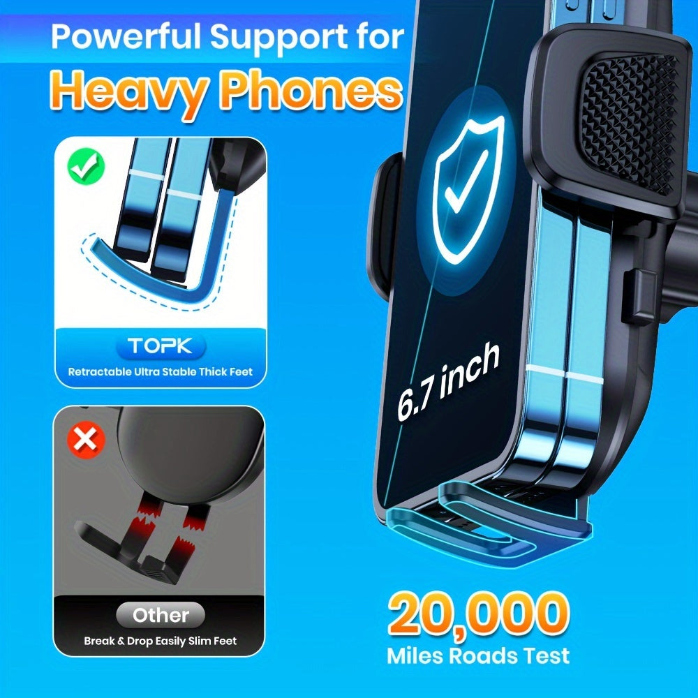 Upgraded TOPK car dashboard phone holder fits all phones, adjustable vertically and horizontally.