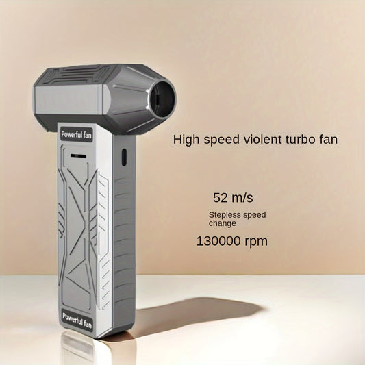 High-speed turbo fan for outdoor use, 13,000 RPM, handheld, USB rechargeable with digital display, durable plastic, compact design.