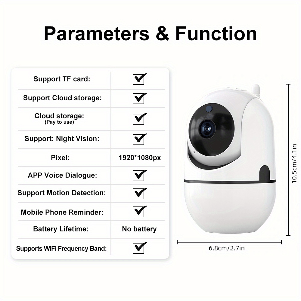 4-Pack of WJG 1080P HD Wireless Security Cameras featuring Round Plastic Design for Indoor/Outdoor Surveillance. These cameras provide a 355° View, 2-Way Audio, and Motion Detection capabilities. They are Smartphone Compatible, do not require batteries