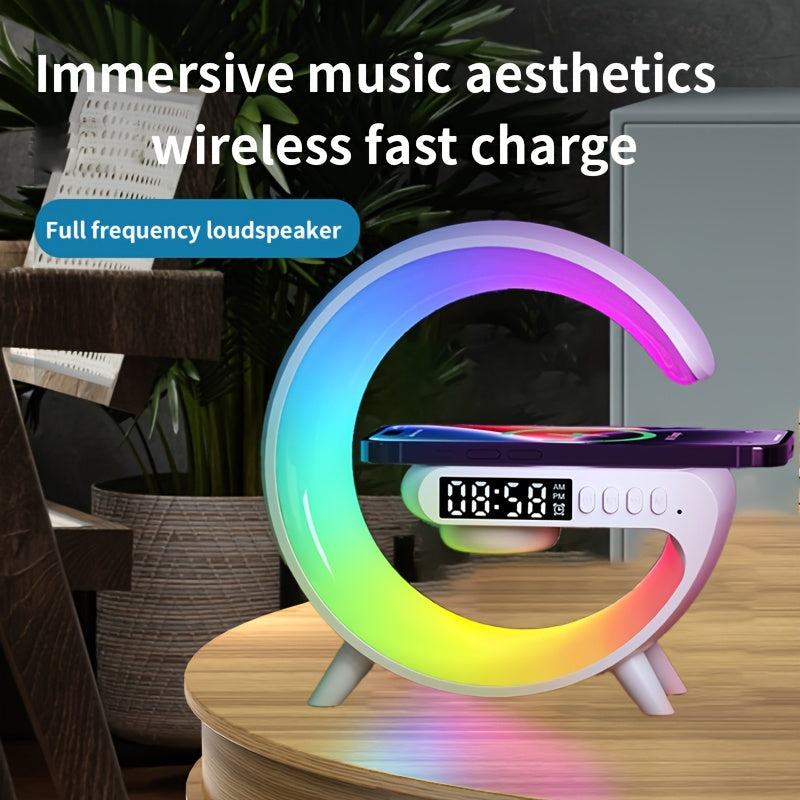 VIKEFON RGB Rhythm Wireless Speaker is a portable speaker with fast charging and a variety of features including an alarm clock, wake up light, table lamp, and smart light. Compatible with