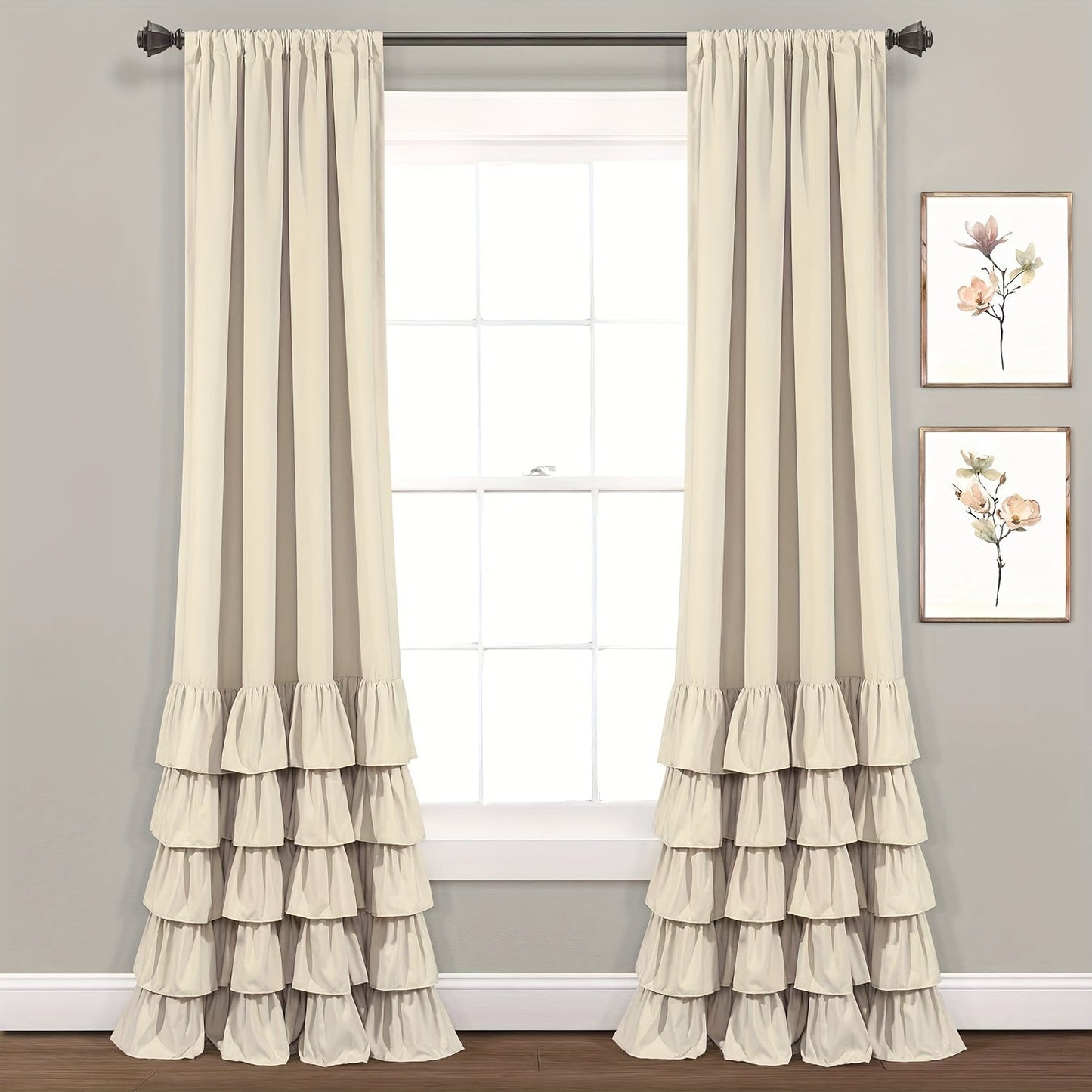 Two heavy-duty pleated lace window curtains for living room decoration. Each curtain measures 132.08cm wide by 213.36cm tall.