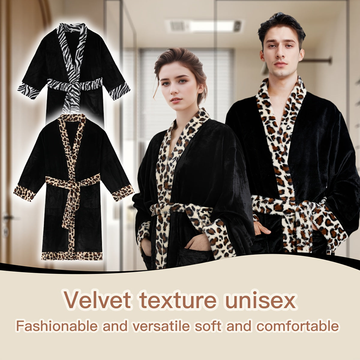 Soft unisex bathrobe with animal print trim, polyester & polyamide blend, machine washable, character themed.