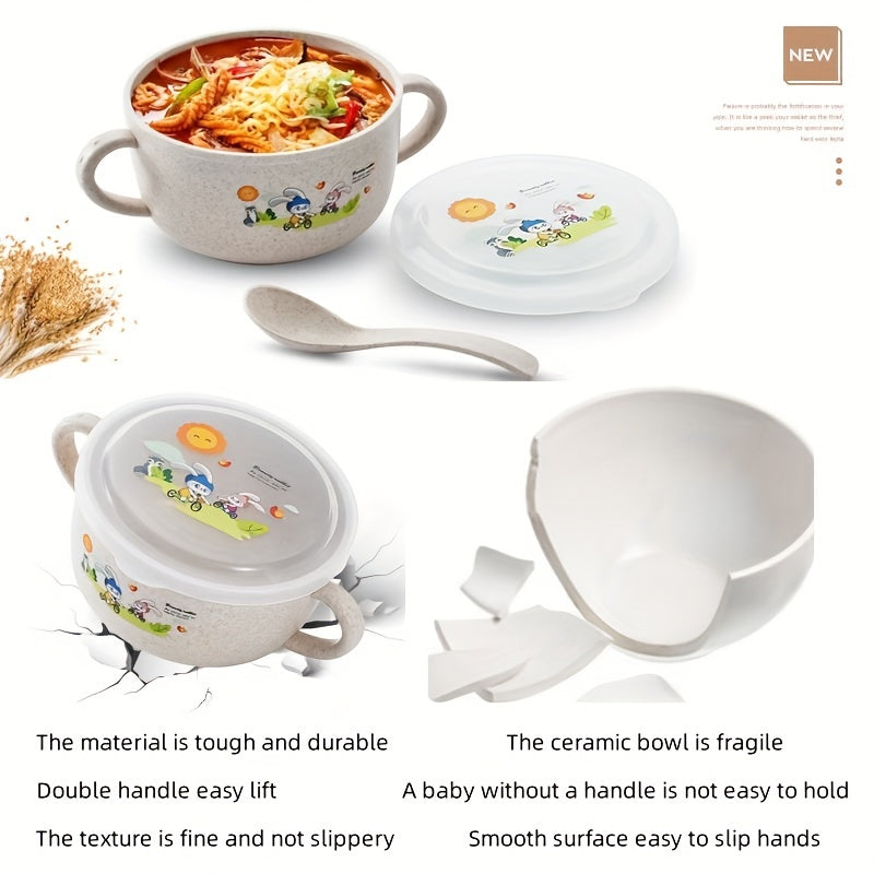 Cartoon-themed bowl with cutlery, insulated to prevent spills, featuring double handles and a lid. This versatile eating bowl is microwavable and perfect for serving fruits or snacks.