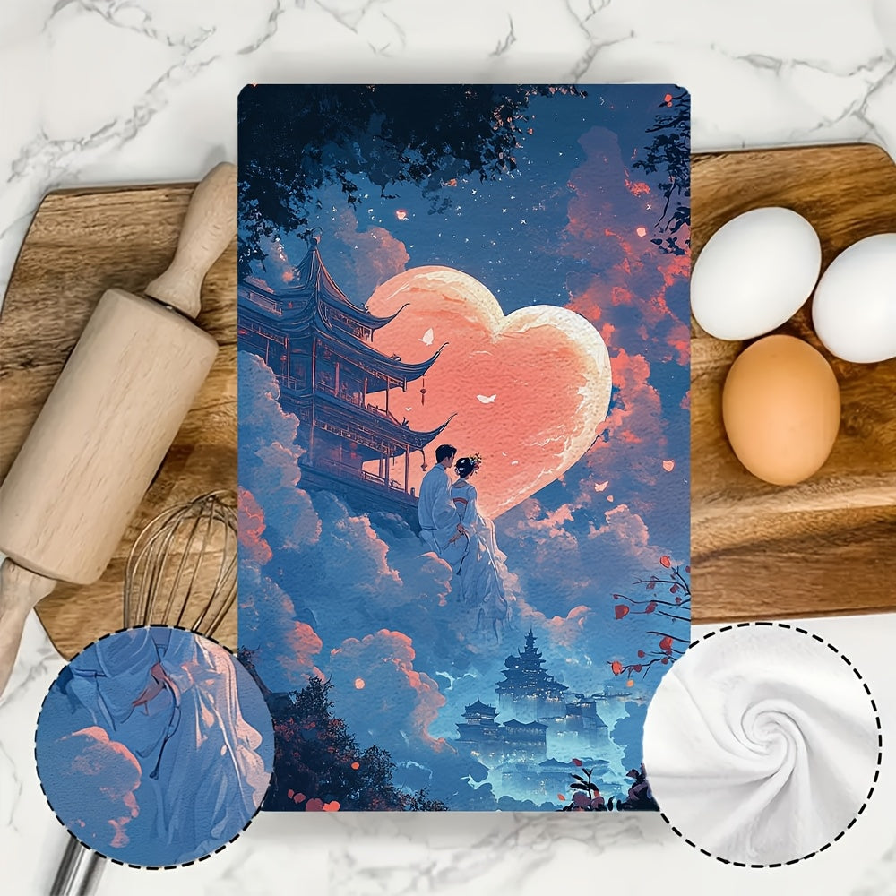 Set of 2 Ultra Soft Kitchen Towels featuring a Couple in Traditional Chinese Attire on a Heart Shaped Cloud overlooking a Celestial Palace, perfect for Holiday Decor. These Highly Absorbent Dish Hand Towels are Machine Washable and measure 16x24 inches.