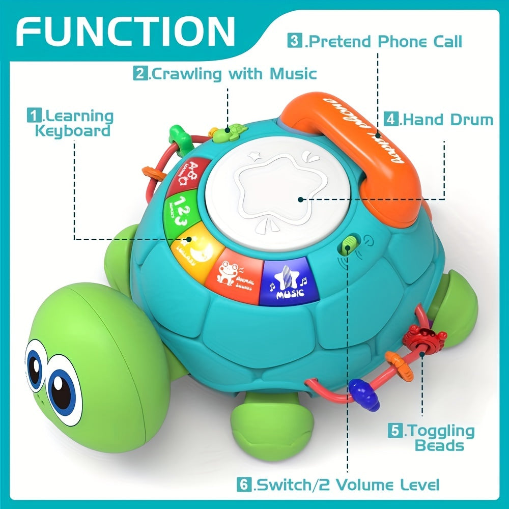 Musical light-up turtle toy for kids - educational crawling and learning toy with hand drum, keyboard, colorful buttons. Ideal first birthday gift made of ABS material in green/white.