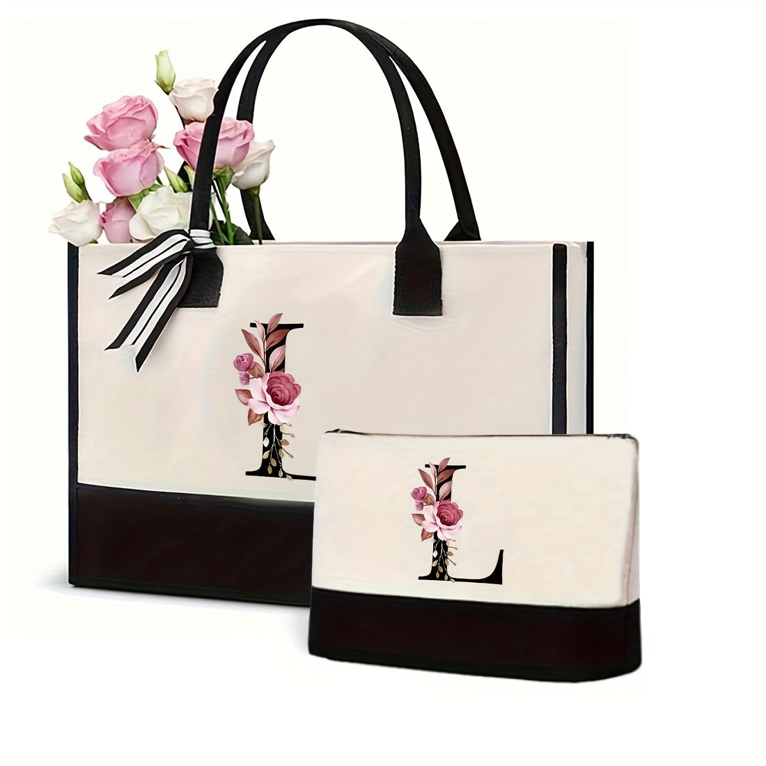 Simple letter handbag with canvas material and letter detail design. Large, versatile shopping bag that is perfect for office and work. Portable, lightweight shoulder bag for women.